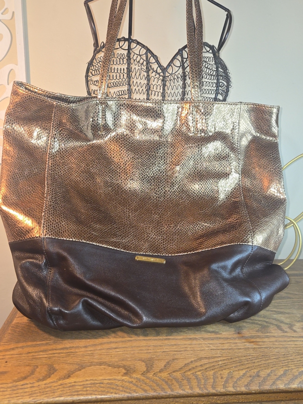 Metallic Bronze & Dark Brown Tote Bag by